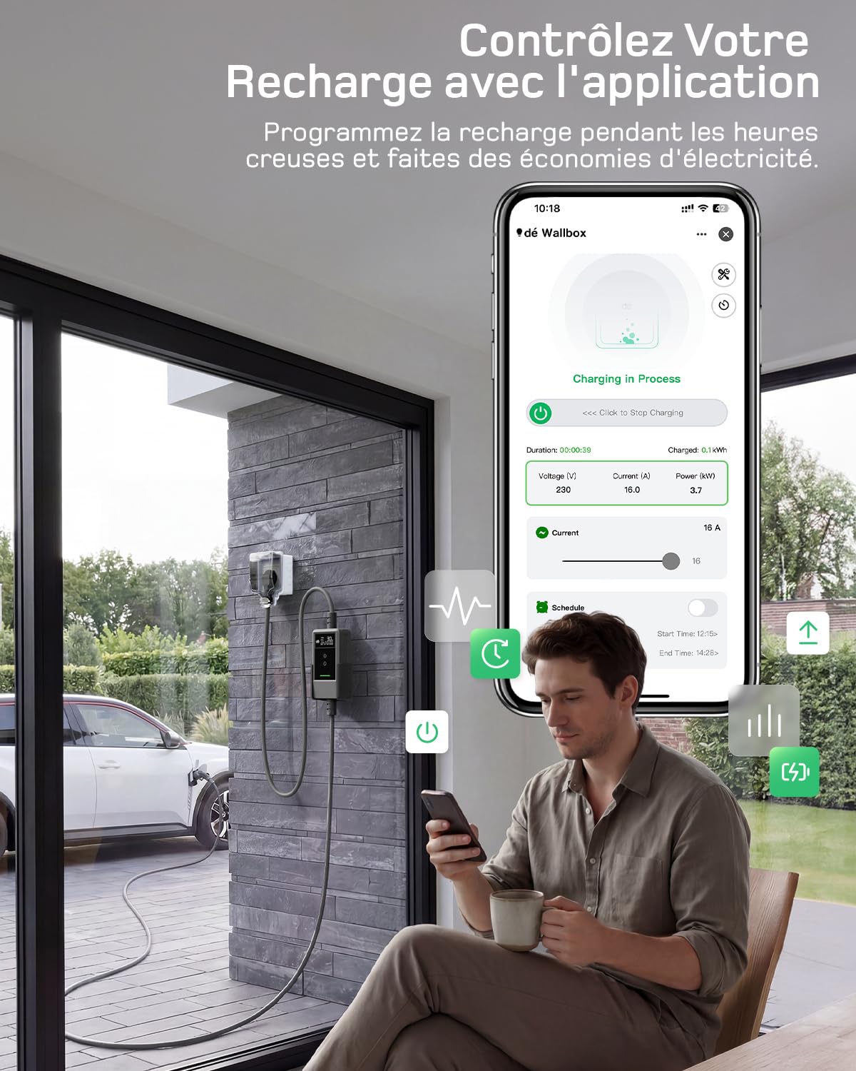 dé Chargeur Voiture Electrique APP 3,7kW [7m, 6/8/10/13/16A] Cable Recharge Voiture Electrique Type 2 avec Support Mural, Numérique LCD, Compatible avec E-208, Model Y, E-Tech, 500e et Autres EV/PHEV