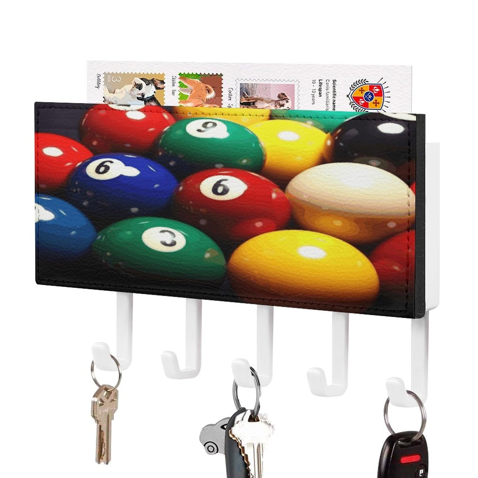 VstaDank Color Billiards Key Holder for Wall Key Holder Wall Mount Adhesive with Mail Organizer Tray Adhesive Metal Key Rack with 5 Hooks Hanger PU Leather Key Hanger for Entryway