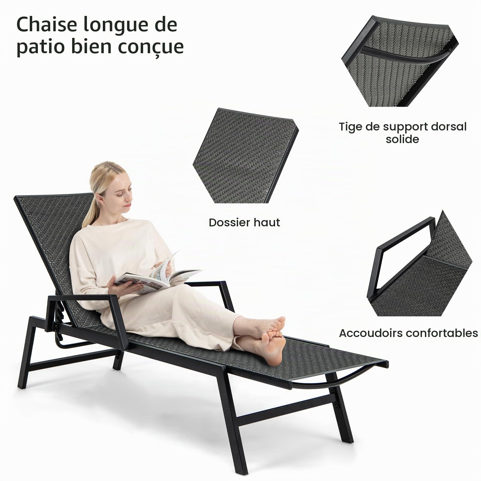 LIFEZEAL Transat Jardin Extérieur avec Dossier Inclinable en 5 Positions, Chaise Longue en Rotin PE avec Accoudoirs, Bain de Soleil pour Plage, Piscine, Terrasse, Balcon, Charge 150 kg (Noir)