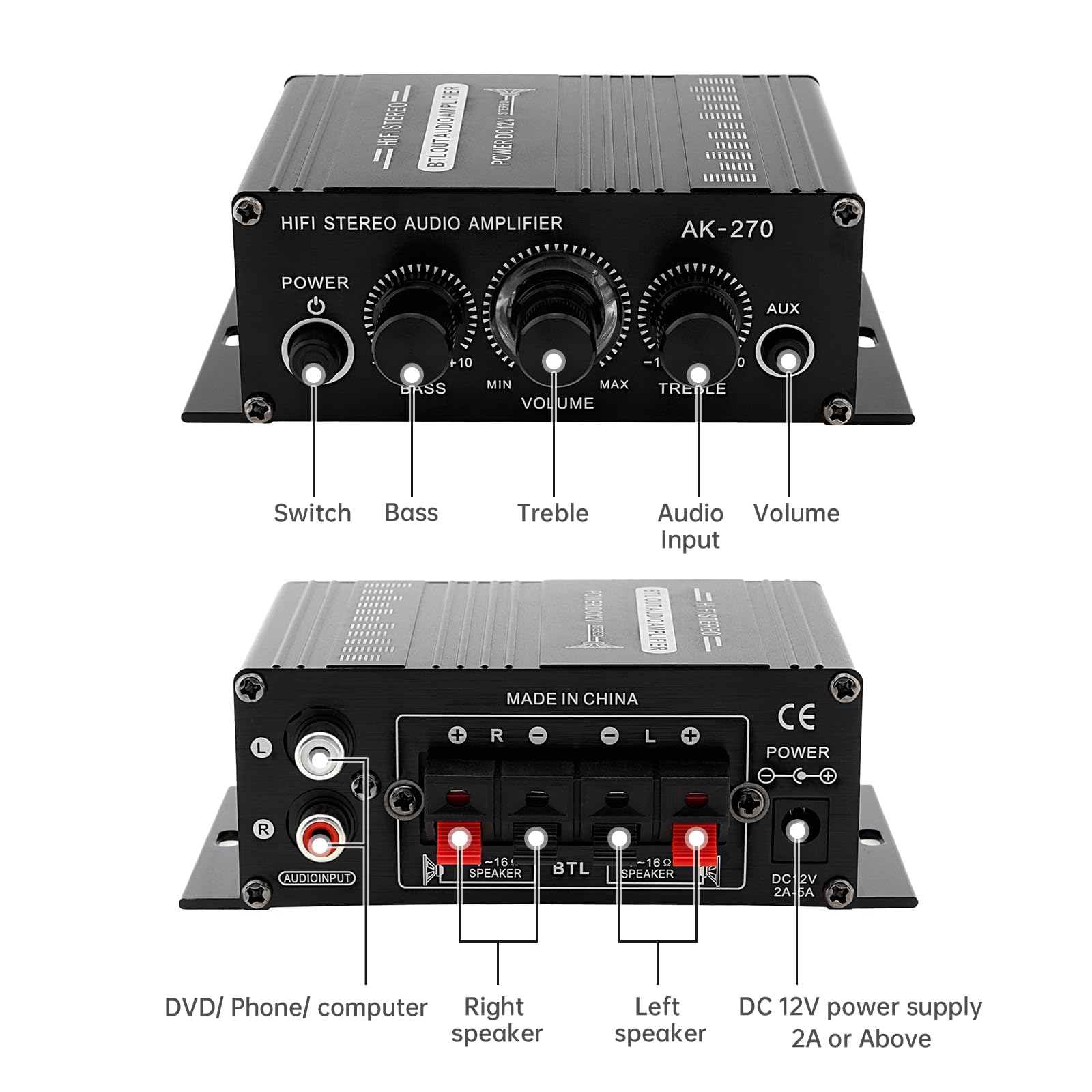 Amplificateur Audio, Ampli Hifi, Mini Amplificateur de Puissance 12V 2 Canaux, Classe D Stéréo avec Entrée AUX/USB/SD, pour Maison ou Voiture, Adaptateur Secteur Inclus