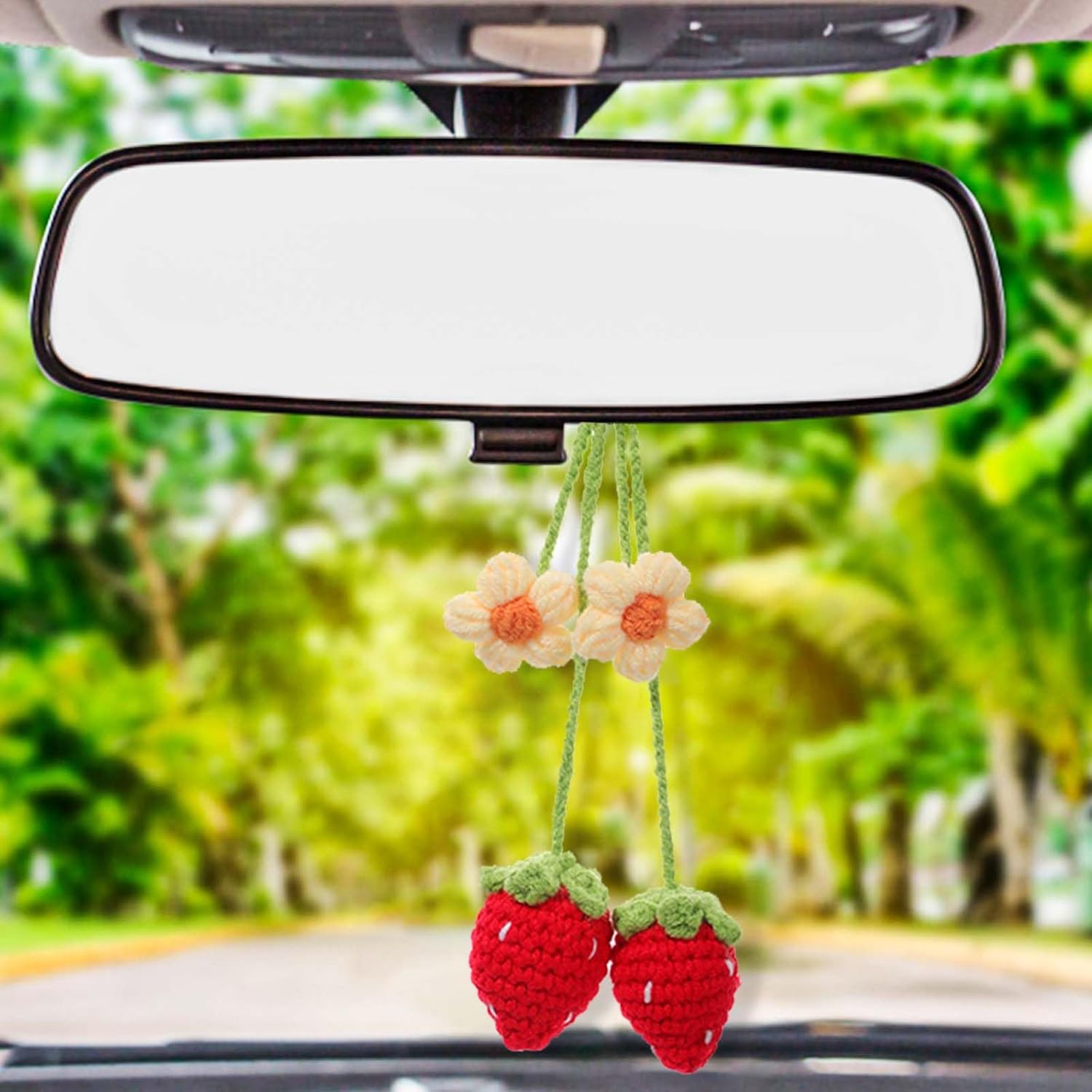 Handmade Knitted Strawberry & Daisy Macrame Car Hanging Ornament - Cute Rear View Mirror Decor, Swinging Accessory for Flower Lovers