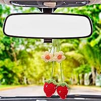 Handmade Knitted Strawberry & Daisy Macrame Car Hanging Ornament - Cute Rear View Mirror Decor, Swinging Accessory for Flower Lovers