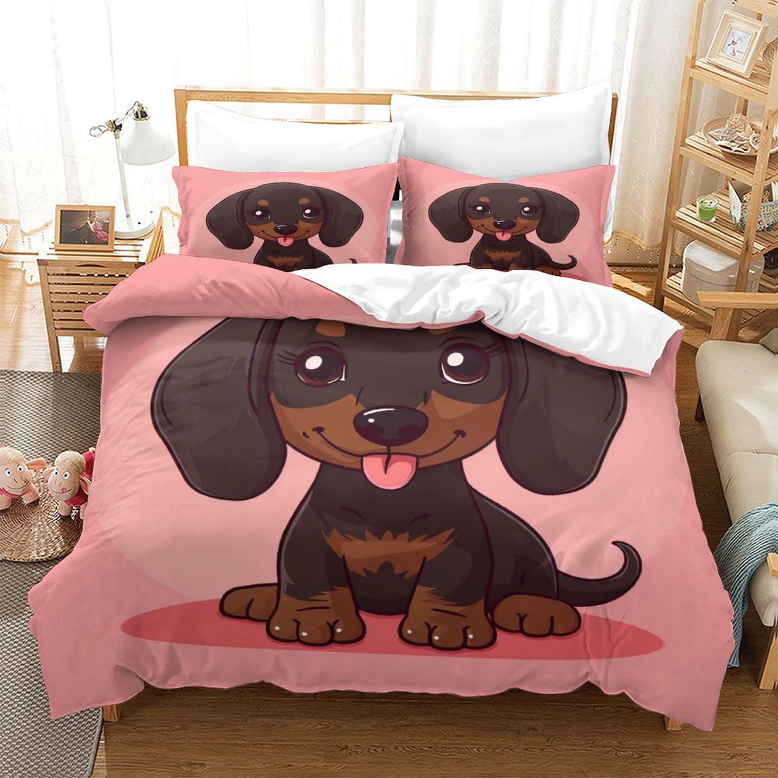 Housse de couette motif chien 3D 260x220 cm avec taies d'oreiller finitions soignées