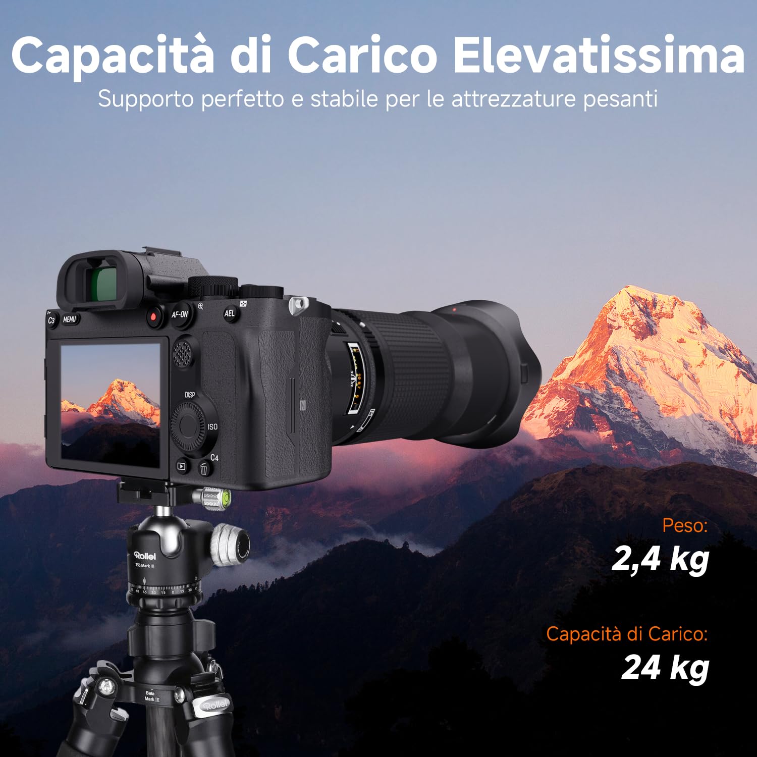 Rollei Rock Solid Beta Mark III, 178,5cm Treppiede Fotocamera Carbonio Cavalletto Fotografico Professionale con Capacità di Carico di 24kg Camera Tripod Nero con Testa a Sfera e Funzione Monopiede