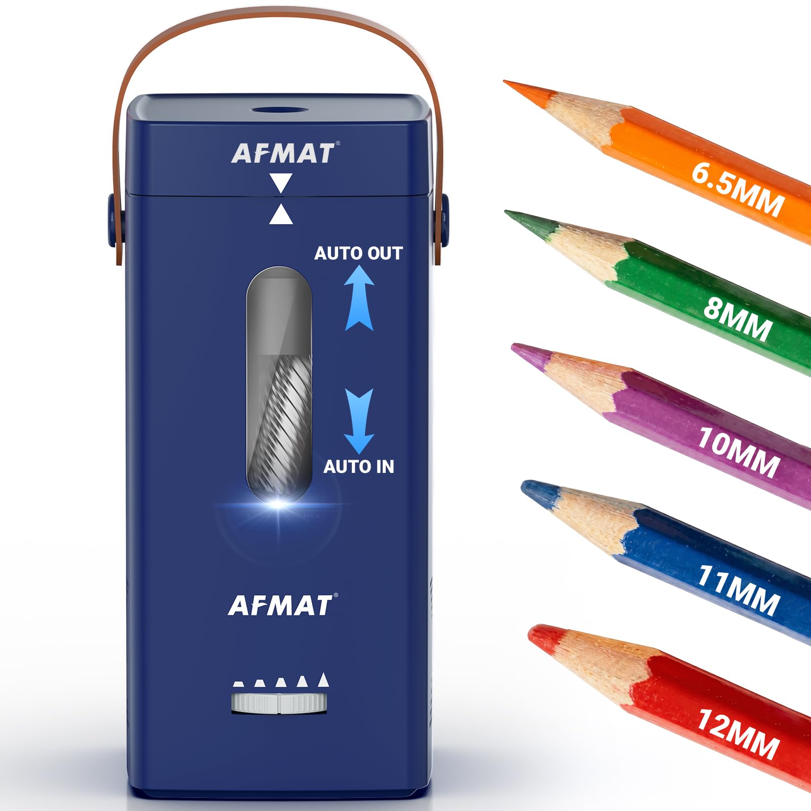 AFMAT Sacapuntas eléctrico, sacapuntas eléctrico automático con asa de transporte, parada automática y súper rápido, sacapuntas portátil manos libres para niños, profesores, artistas, oficina, uso