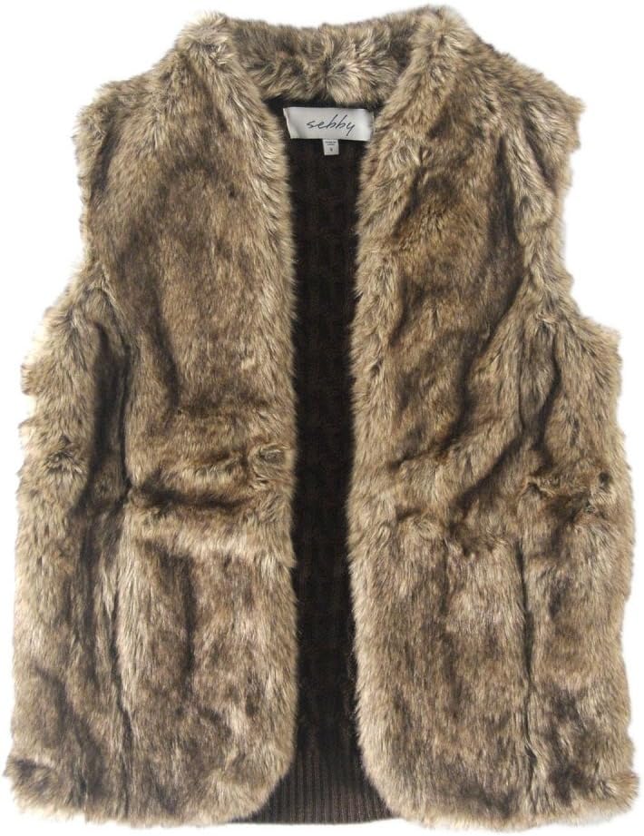 Sebby Women's Faux Fur & Crochet Sweater Vest, Brown Medium