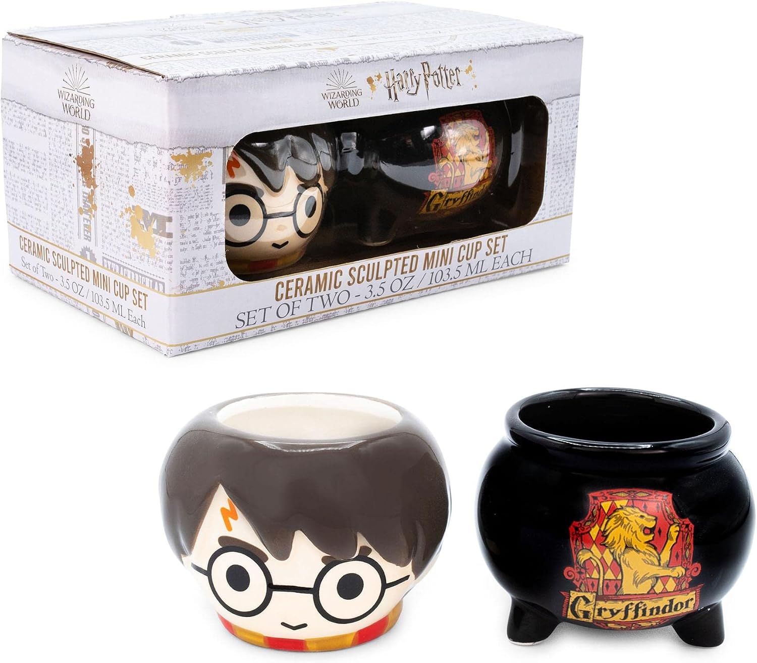 Silver Buffalo Harry Potter Gryffindor Cauldron 2pc Ceramic 3D Sculpted Mini Cup Set, Perfect as a Sugar, Cream, or Milk set, 3.5 Ounces