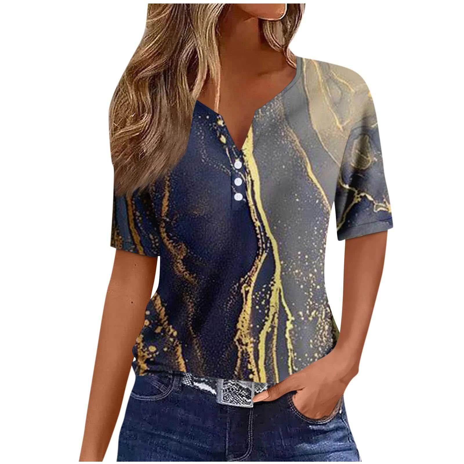 HAOLEI 2024 Camisetas Manga Corta Mujer,Camiseta Mujer de Cuello en Pico Casual Holgada Camiseta con Moda Impresión Informal Corte Suelto Pullover Tops Verano Trajes para IR al Trabajo