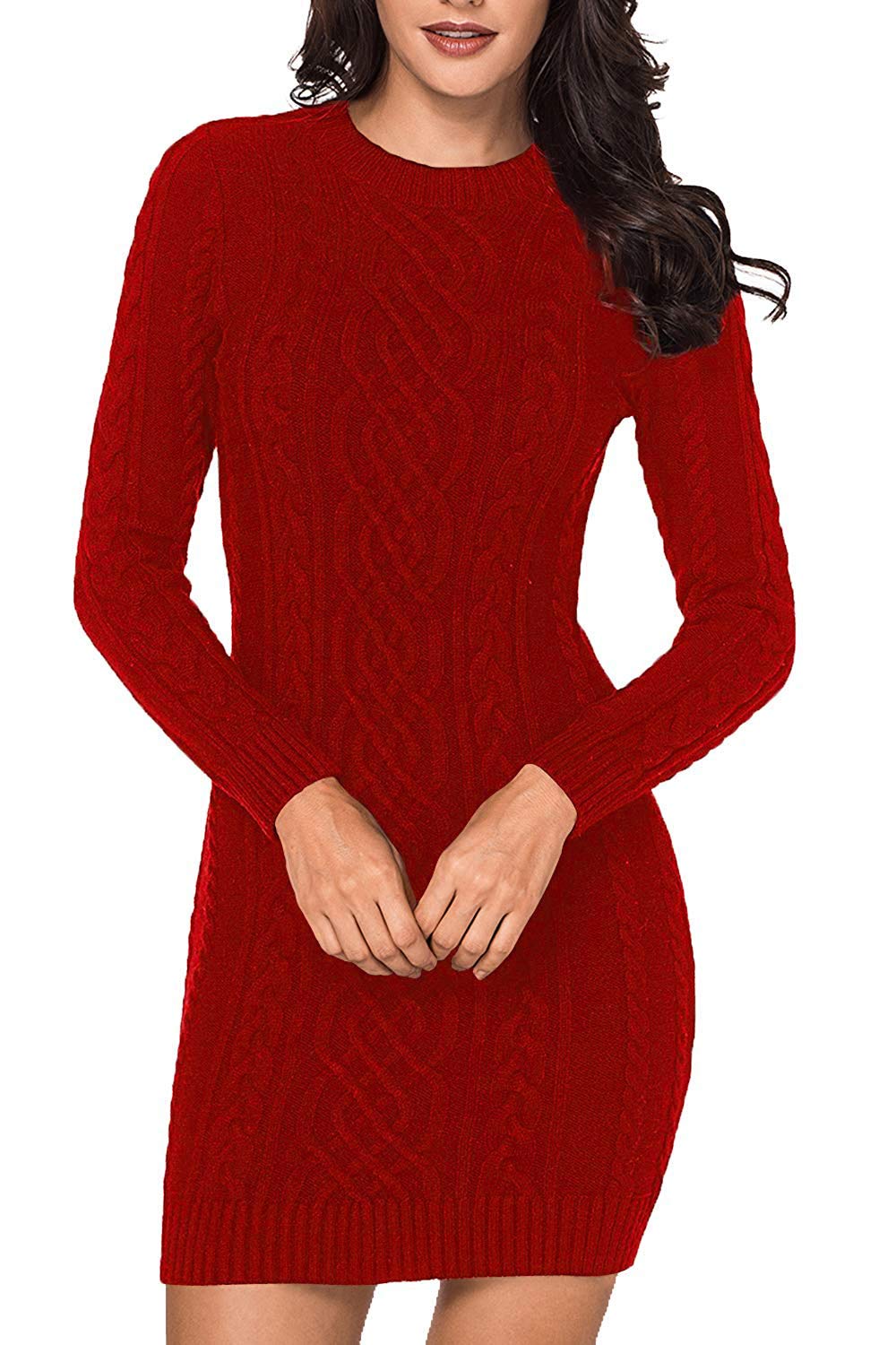 LaSuiveur Women's Bodycon Pullover Mini Sweater Dresses Crew Neck Cable Knit Cocktail Party Dress