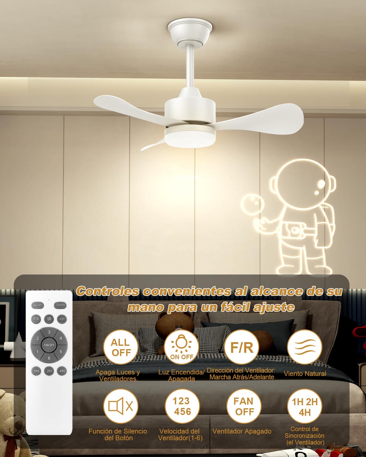 Airwit 71cm Ventilador de Techo con Luz y Mando a Distancia, Silencioso Lampara Ventilador Techo, Pequeno 3 Aspas Luz LED para Dormitorio, Salon, Reversible Motor DC, 6 Velocidades