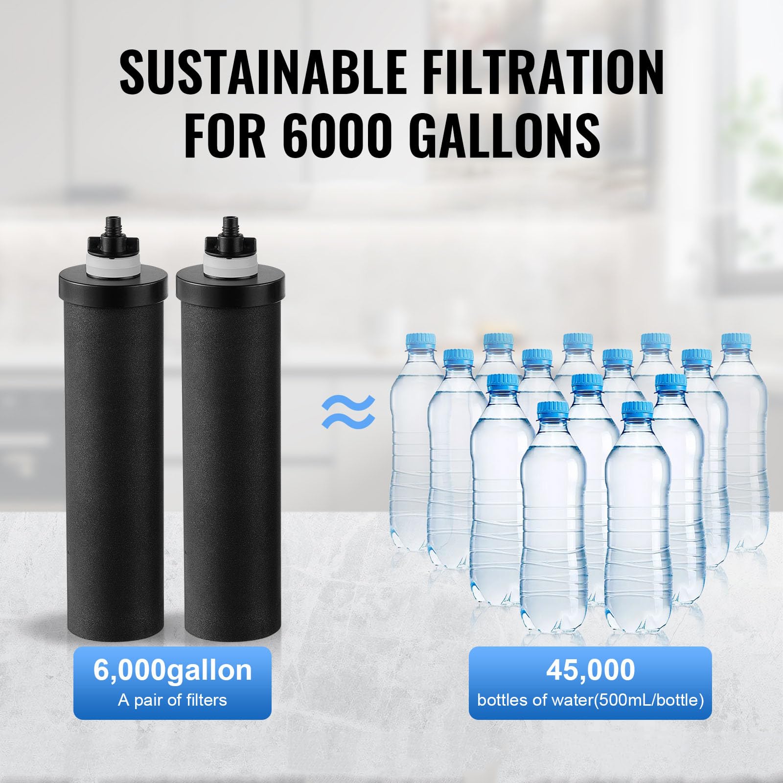 VEVOR System filtrowania wody z zasilaniem grawitacyjnym, system blatu ze stali nierdzewnej 1,5G 304, system filtracji wody, redukuje ołów i do 99% chloru, z 2 filtrami węglowymi i czopem, do domu, na