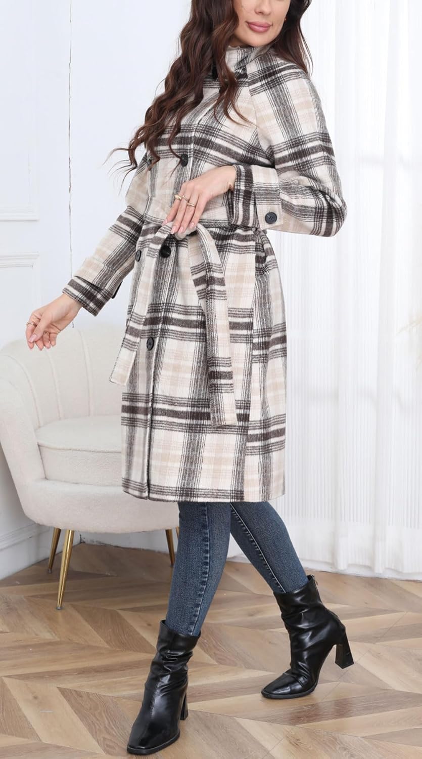 CHARTOU Women Long Wool Plaid Pea Coat Double Breast Midi Long Trench Peacoat Overcoat with Belt - Image 3