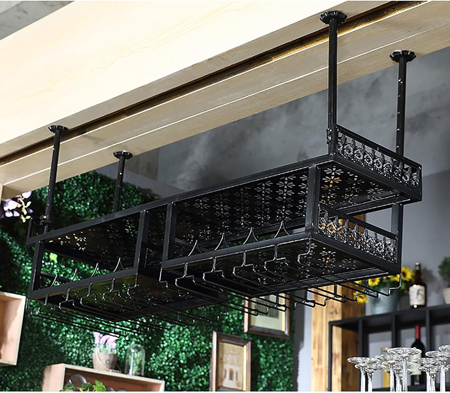 Ceiling Wine Glass Rack Metal Ceiling Black Wine Rack,Height Adjustable,2-Layer Industrial Shelf,Goblet Stemware Holder,for Restaurants/Bars/Home Ceiling Decorative Storage Rack