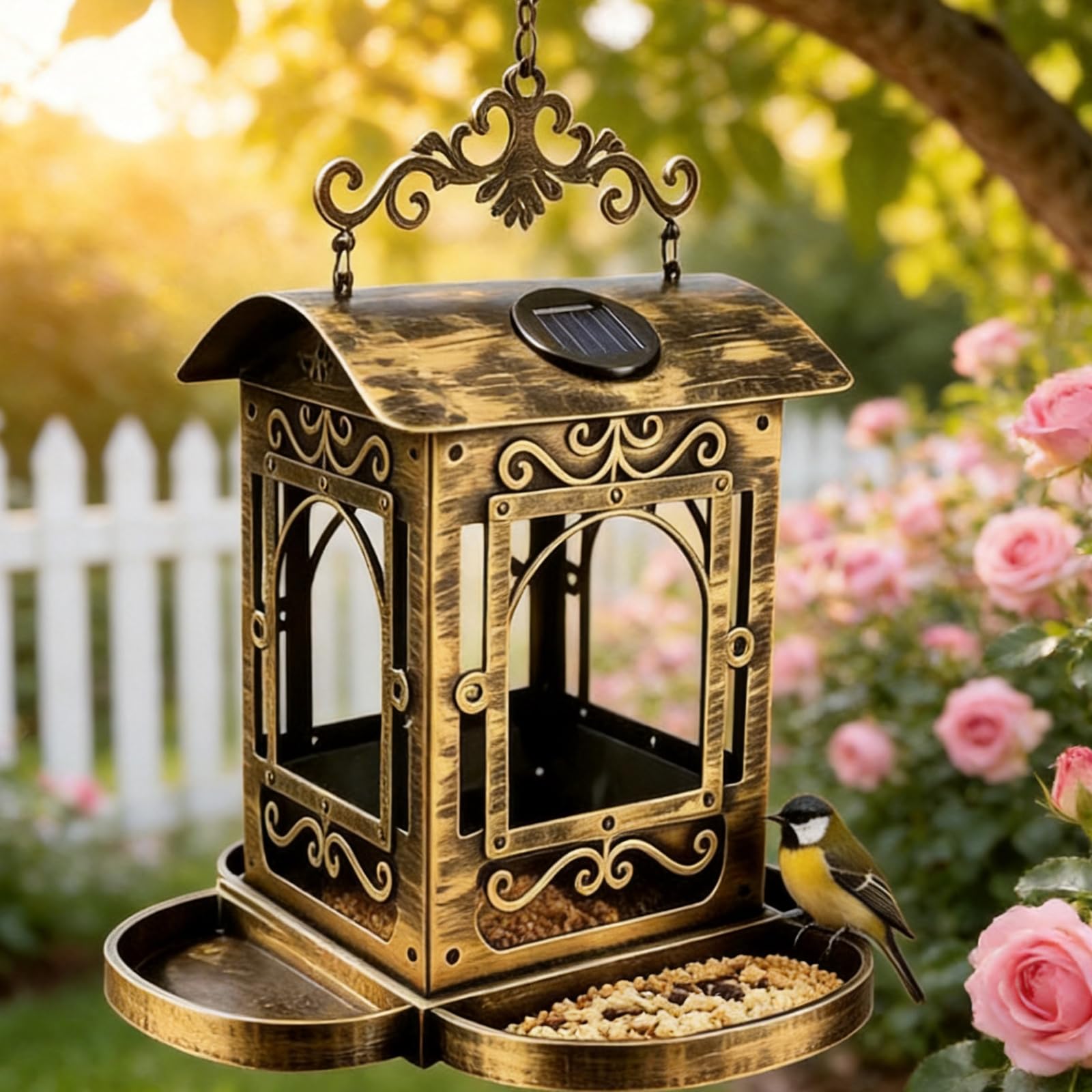 Mangiatoia per uccelli solare in stile Copper House per uso esterno in qualsiasi stagione Mangiatoia per uccelli da giardino