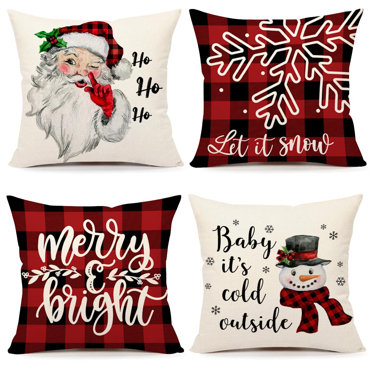 4TH Emotion Christmas Pillow Covers 18x18 Set of 4 Farmhouse Christmas Decorations Red Black Buffalo Plaids Winter Holiday Decor Throw Cushion Case for Home Couch S23C16