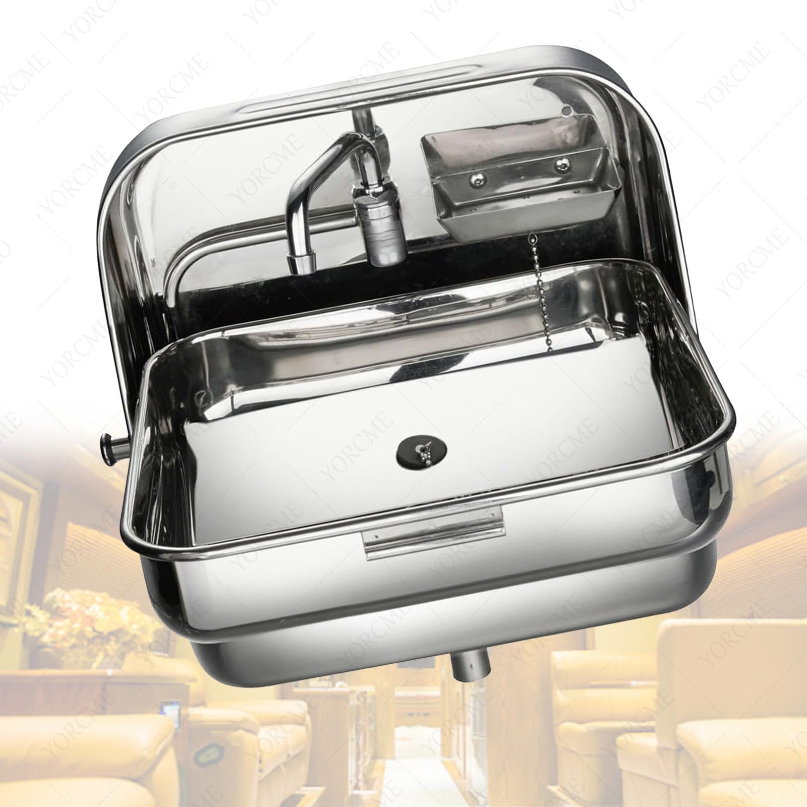 Lavello Pieghevole in Acciaio Inox per Camper - Vasca Singola Quadrata con Rubinetto Curvo per roulotte, Camper e Yacht - Lavamani da Cucina Resistente e antiruggine