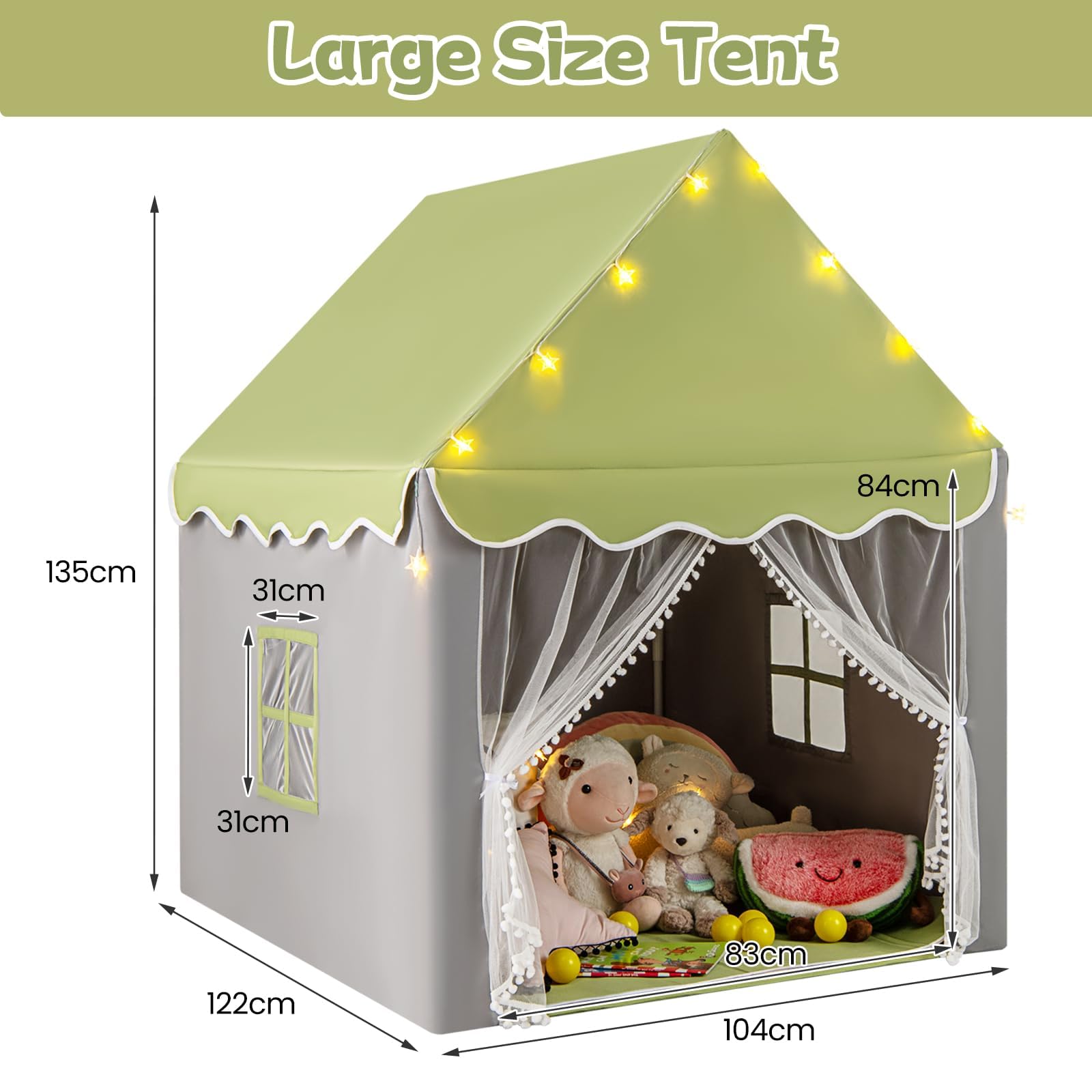 HOMASIS Tienda de campaña Infantil de Interior, Castillo de Juegos con Alfombra Lavable y Luces LED en Forma de Cuerda, Casita con Cortinas y Ventanas, para niños y niñas, 121x105x136cm (Verde)