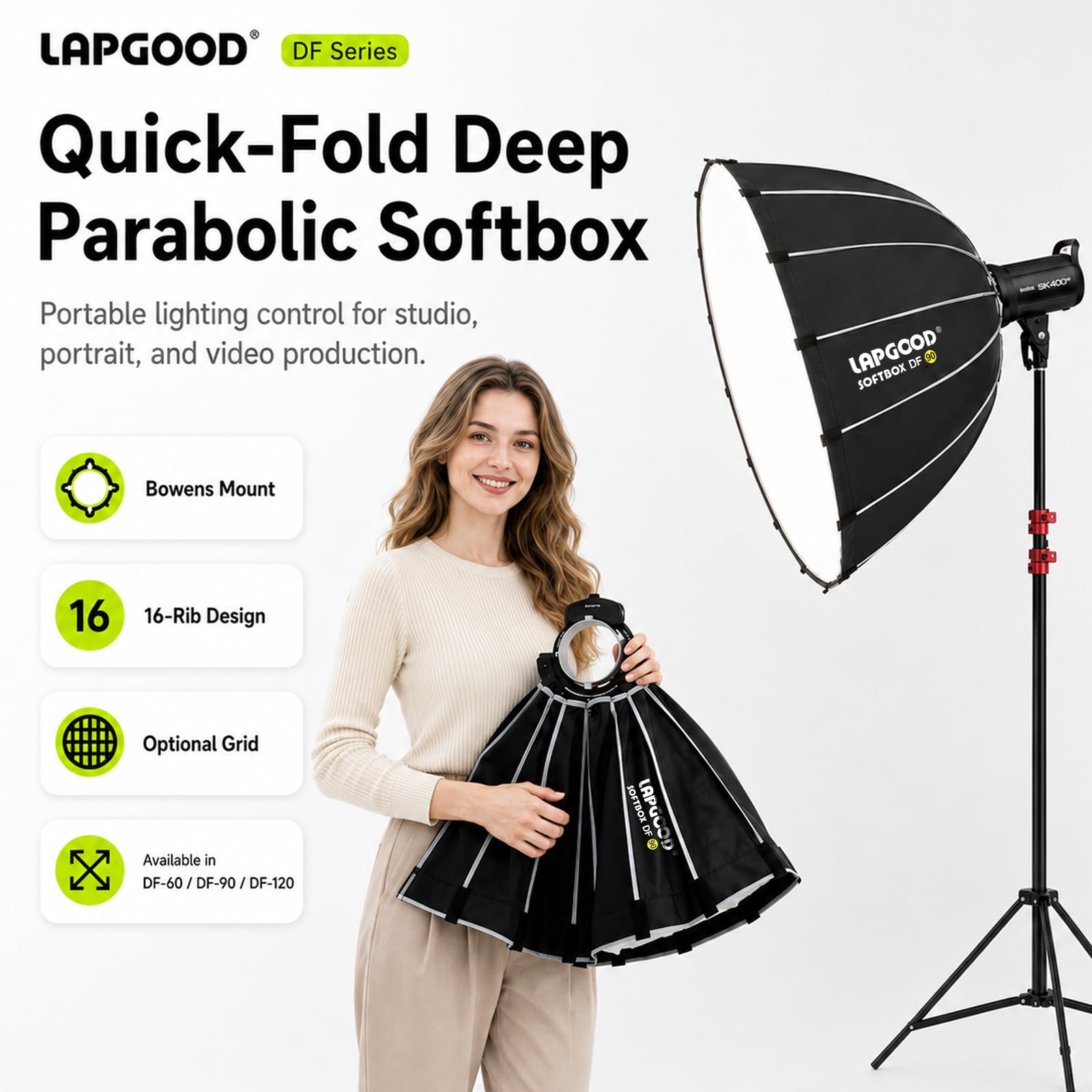 Softbox Bowens Mount, FD60 - Softbox redondo (60 cm, cierre rápido, apertura profunda, rejilla de abeja, bolsa de transporte, para flash de estudio, luz de vídeo, fotografía y vídeo)