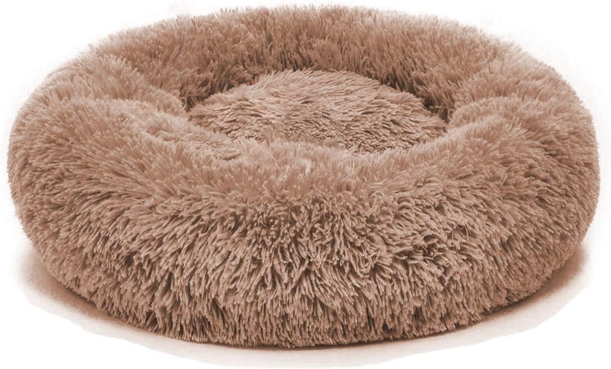 Calming Donut Dog Bed Faux Fur Pet Bed Self Warming Cuddler Washable Round Pet Bed Cat Bed Comfortable Round Plush Indoor Sleeping Dog Beds Cat Cushion Bed for Medium Large Dogs 28" Coffee