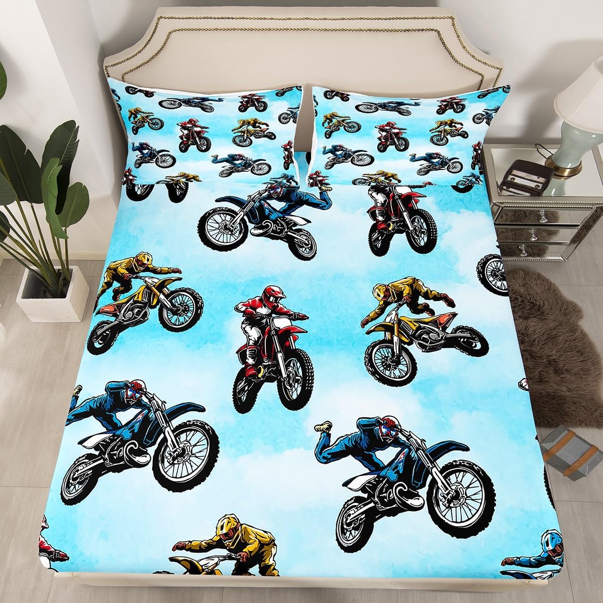 Erosebridal Dirt Bike Bed Sheet Twin Size, Extreme Sport Fitted Sheet for Kids Boys Teens, Motorbike Sport Bedding Set Motocross Rider Bedding Decor Set 2 Pieces with 1 Pillow Case, Blue