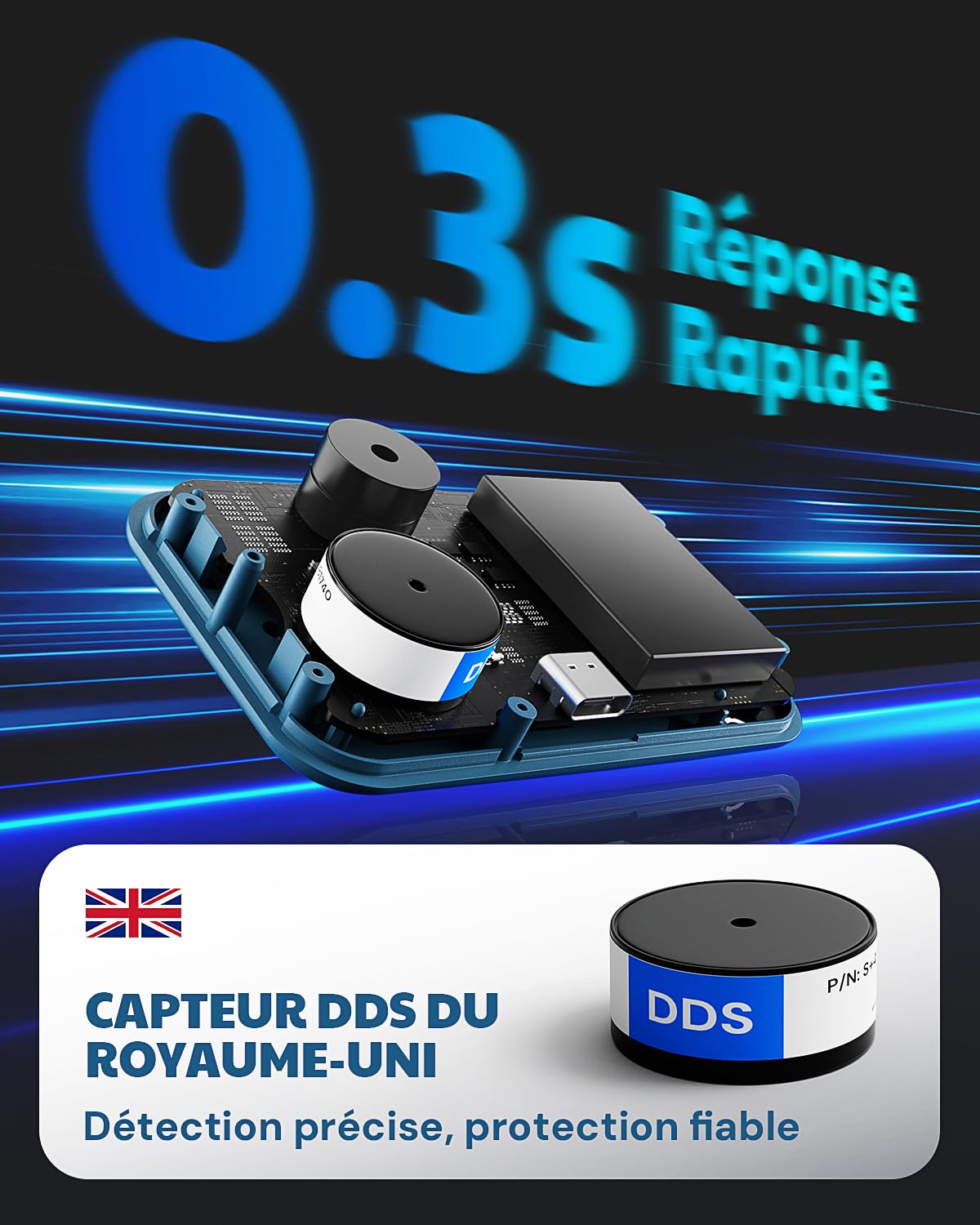 AGT-2309 Détecteur de monoxyde de Carbone Portable, autonomie 15 Jours, Mini détecteur Rechargeable avec Cordon pour Voyage et Camping, Alarme sonore et visuelle, 0–1000 ppm – Bleu