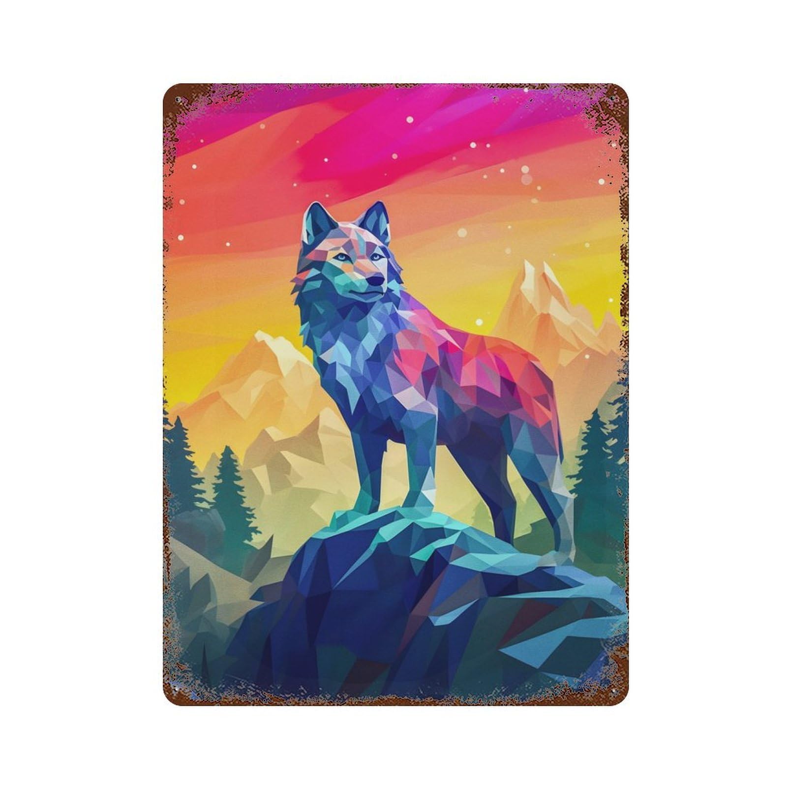 Wolf Stand in Mountains Vintage Rust Metal Sign 15.7"x11.8", Ideal for Basement, Hobby Room And Garage Decor