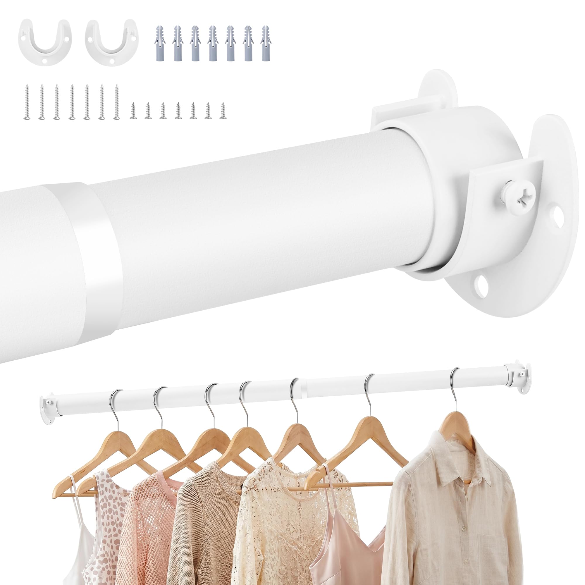 Wardrobe Rail,Extendable Clothes Rails, Stainless Steel adjustable wardrobe pole with Fixing Sockets and Screws for Wardrobe and Cupboard, Closet,Cloakroom, White, 43-100cm(Diameter 32mm)