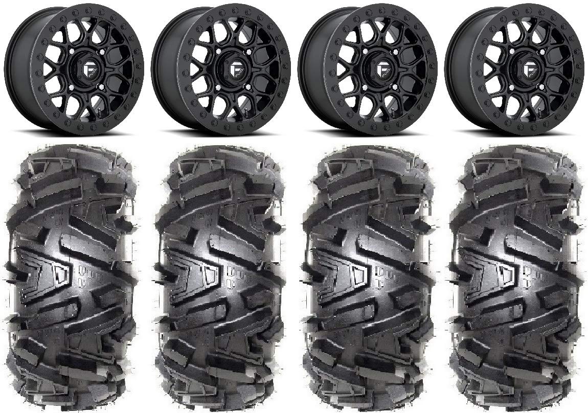 Bundle - 9 Items: Fuel Tech Beadlock Black 15" Wheels 28" Moto MTC Tires [4x156 Bolt Pattern 3/8x24 Lug Kit]