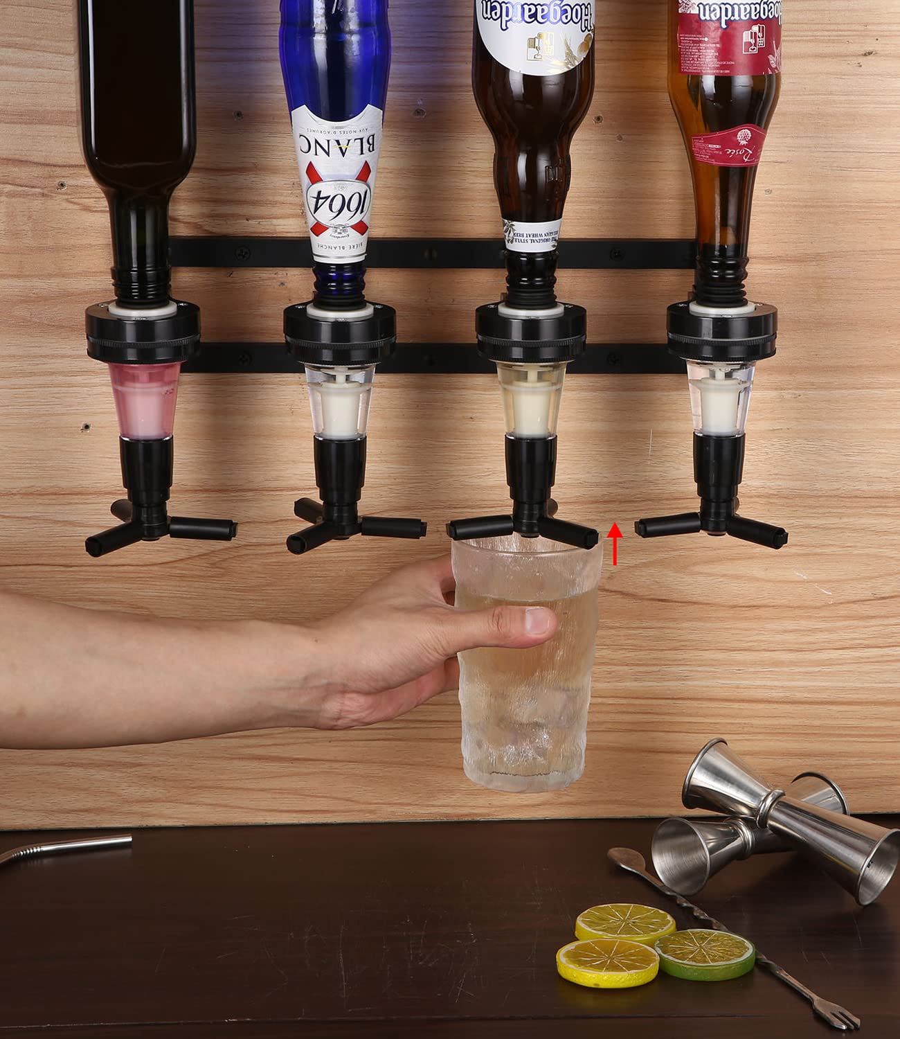 Bar Butler Doseur Alcool Meuble Optique Distributeur Verseur Murale 4 Bouteille Support de Boisson Liqueur pour Bar à La Maison et Commerciaux (Noir)
