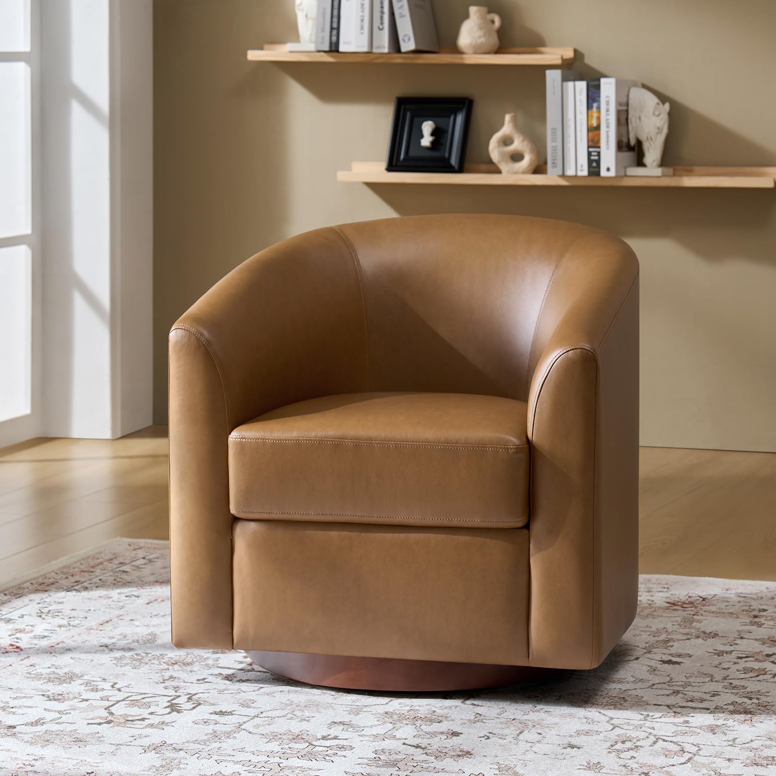 HULALA HOME Faux Leather Swivel Accent Chair with Solid Wood Base, Round Swivel Barrel Chair for Living Room and Bedroom, Camel