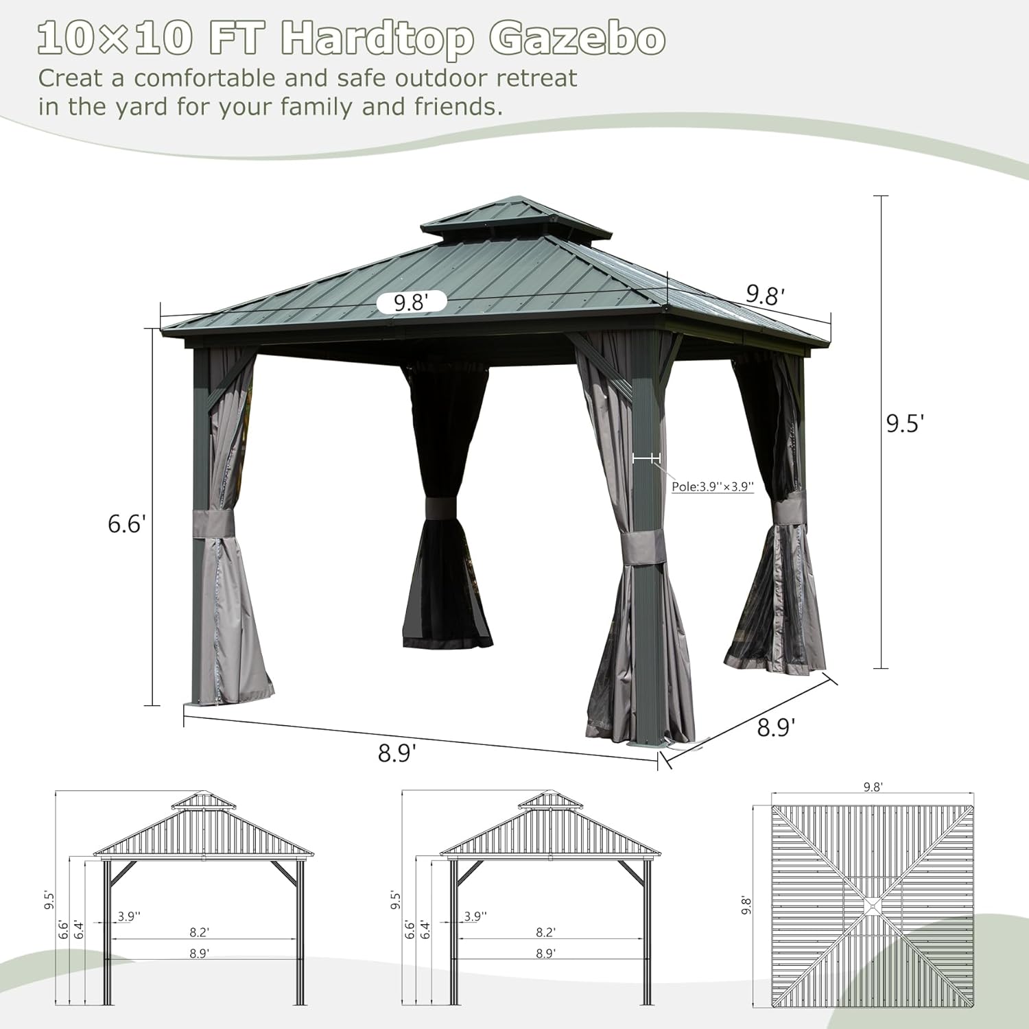 Diagram showing the dimensions of the 10x10 FT Hardtop Gazebo.