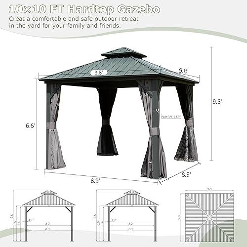 Miniatura 7 de Domi 10' x 10' Hardtop Gazebo Outdoor Metal Gazebo with Galvanized Steel Double Roof Canopy, Curtains and Netting for Patio, Backyard, Deck, Lawn