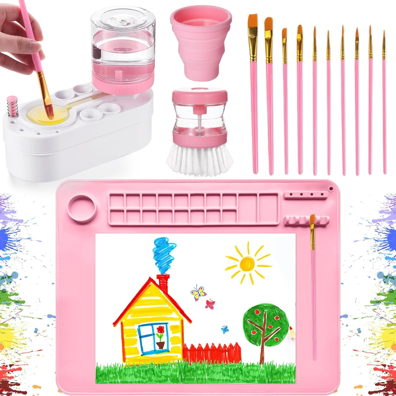painting station paint brush cleaner 20x16in silicone painting mat with cup and paint holder 10 paint brushes children's painting set art painting supplies for kids birthday gifts diy creations (pink)