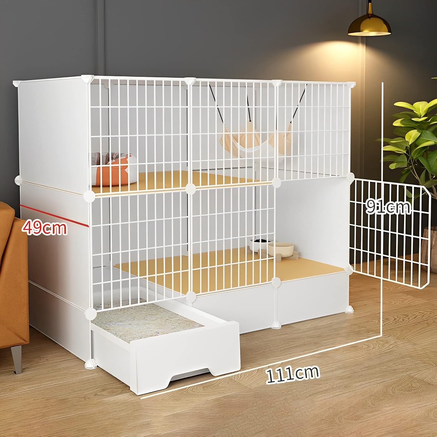Indoor Cat Cage with Pull-Out Cat Litter Box, 2/3-Tier DIY Pet Playpen Detachable Dense Metal Wire Cat Villa Enclosure with Storage Cube Small Animal Fence House (White A)