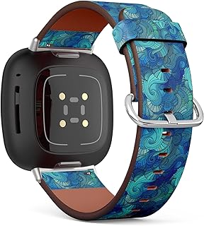 CJBROES Replacement Leather Watch Band, Compatible with Fitbit Versa 3 and Fitbit Sense of Wristband Bracelet Accessory - Waves-Decorative-Doodles