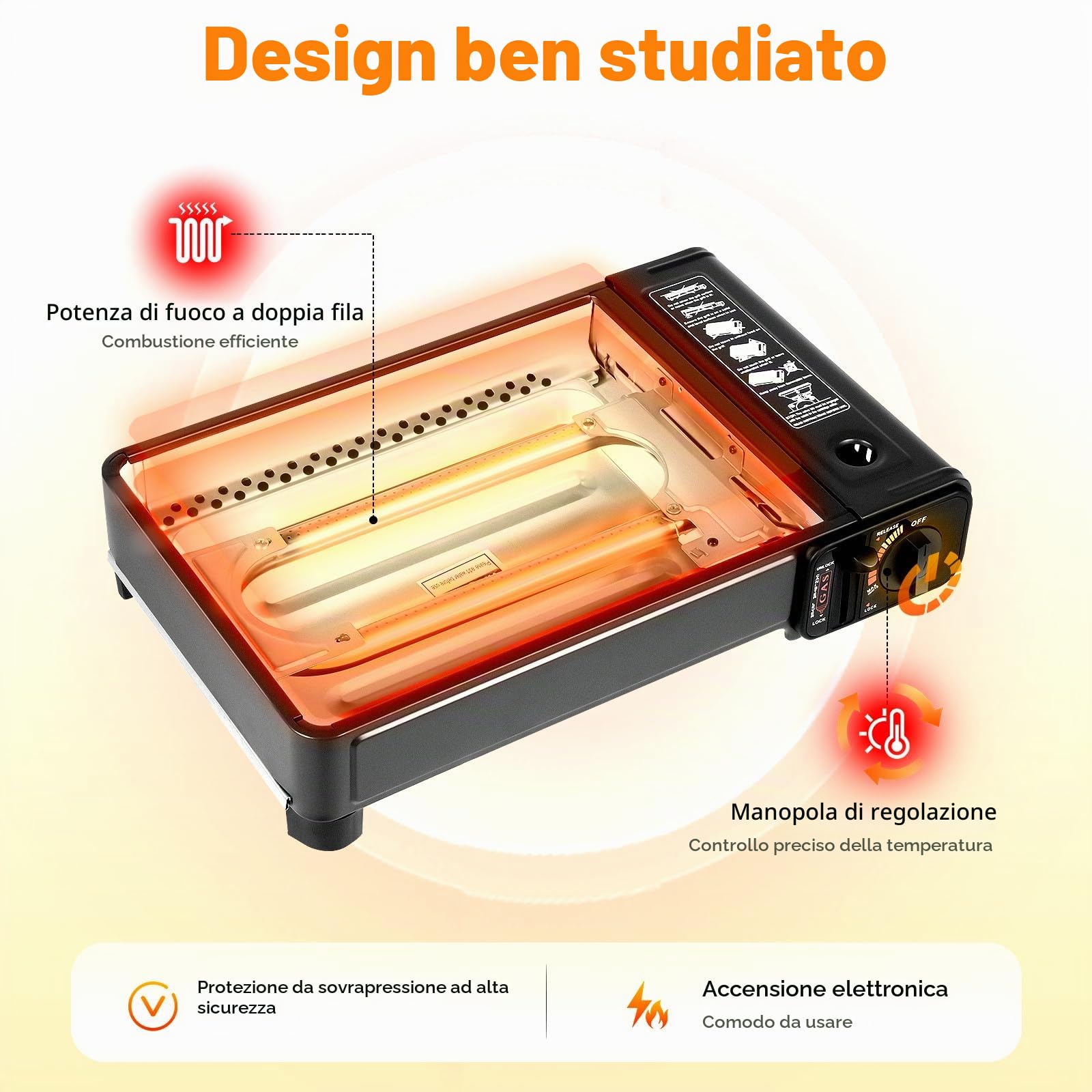 Barbecue a gas portatile da campeggio, piccolo grill da tavolo a gas con dispositivo di protezione da sovrapressione e dispositivo di accensione