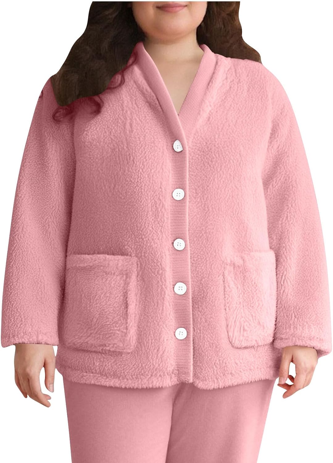 Women Fuzzy Fleece Jacket Pajama Tops V-Neck Button Down Sleepwear Long Sleeve Plush Warm Winter Coat with Pockets