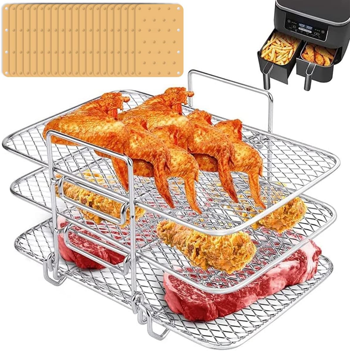 Jetcloud Air Fryer Rack with 50 Paper Liners Sheets 3 Layer Stackable