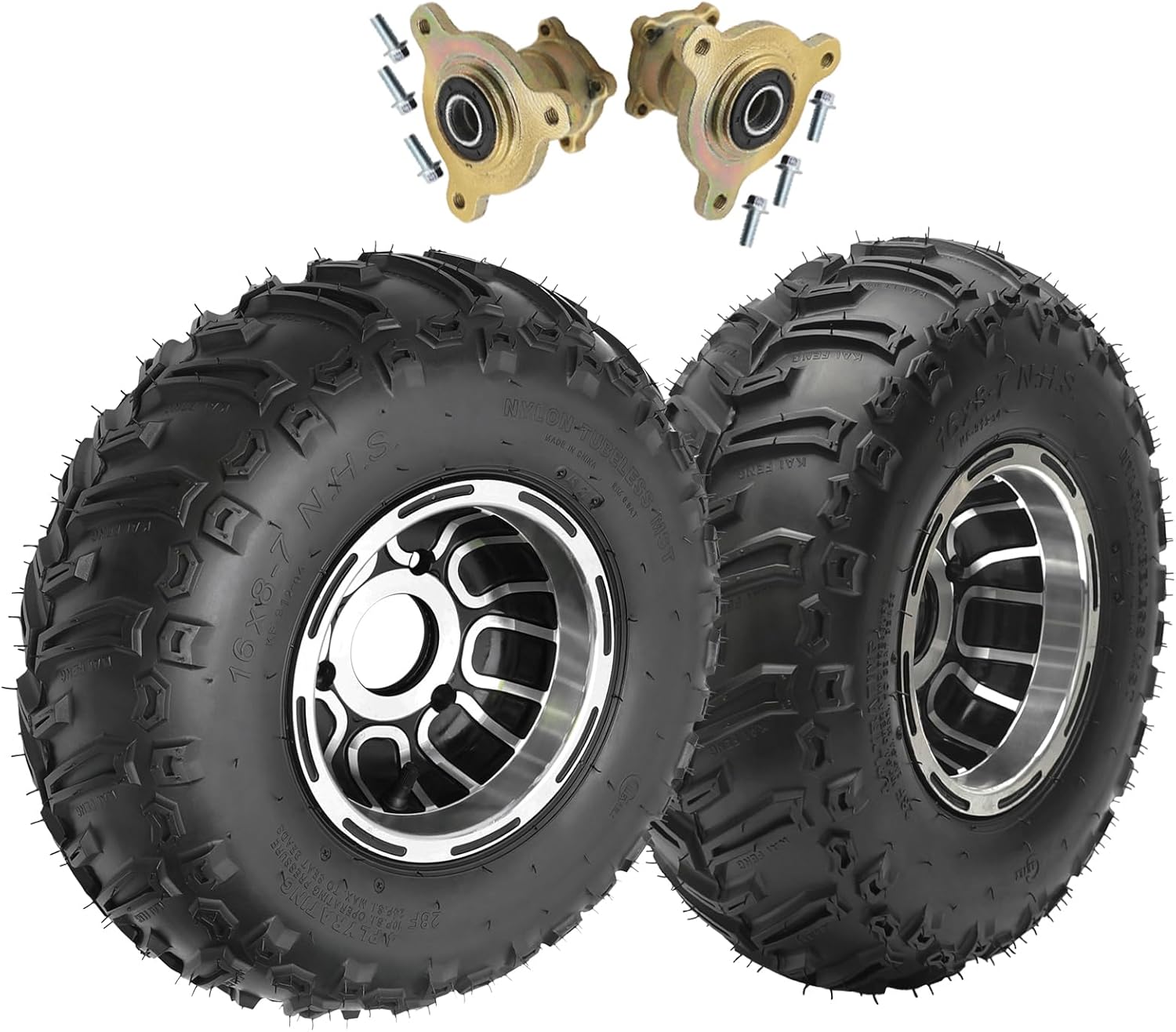 16x8-7 ATV Wheel Tire, 16x8x7 Go-Kart Quad Tubeless Tire and Rim 4PR, with 3 Bolt 17mm Bearing Front Wheel Hubs for Off Road ATV Go Kart UTV Mini Bike Golf Cart Lawn Mower Garden Tractor (Silver)