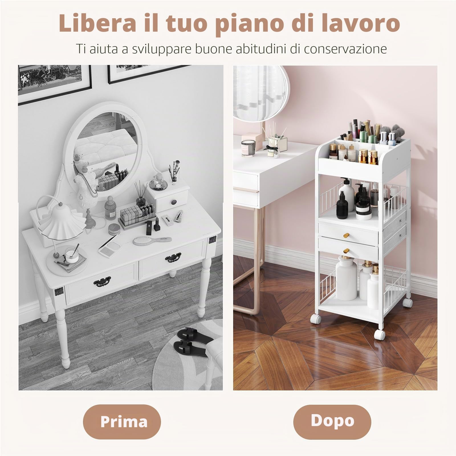 GIANTEX Carrello portaoggetti per cosmetici, organizer per trucchi, con 2 cassetti, 2 ripiani aperti e cubi, 4 ruote, 30 x 30 x 90 cm, carrello multifunzionale per bagno, camera da letto