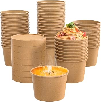 Fit Meal Prep 50 Pack 12 oz Kraft Paper Soup Containers with Vented Lid, Hot or Cold Paper Food Cups, Restaurant To Go Disposable Food Container, Ideal for Salad Stews Frozen Yogurt Ice Cream Dessert