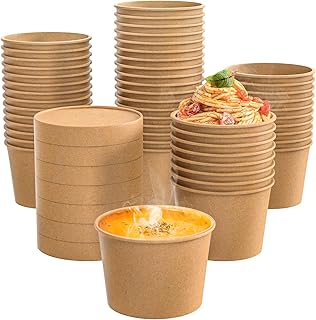 Fit Meal Prep 50 Pack 12 oz Kraft Paper Soup Containers with Vented Lid, Hot or Cold Paper Food Cups, Restaurant To Go Disposable Food Container, Ideal for Salad Stews Frozen Yogurt Ice Cream Dessert