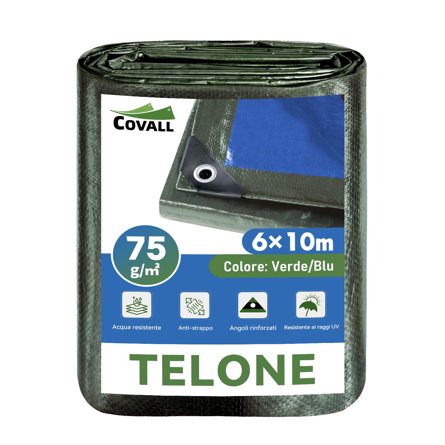 Telone blu 6x10m，75g/㎡ telo impermeabile esterno verde/blu,di plastica multifunzione anti-strappo UV con foro occhio coperchio,adatta per campeggio,giardino,legno,Copertina per furgone