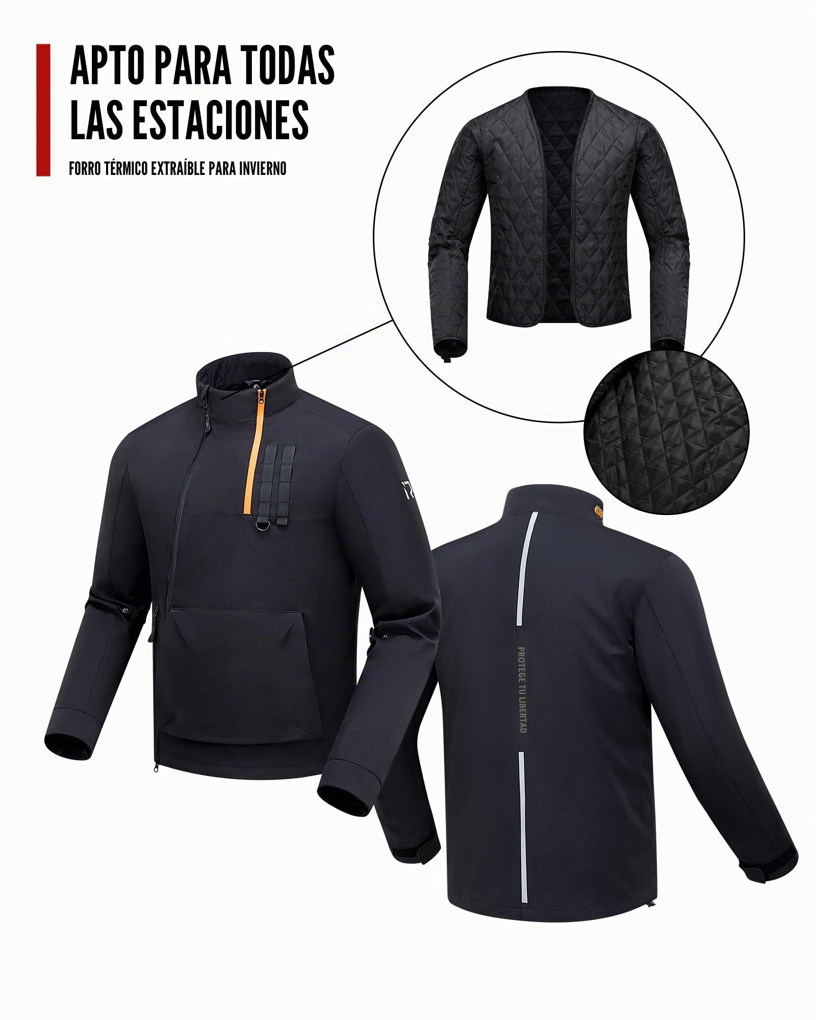 RIDEIRON Chaqueta Moto Hombre CE Class A Todas las Estaciones, Forro Extraíble, Armadura Protectora CE, Chaqueta Moto para Proteger contra el Frío y el Viento Negro