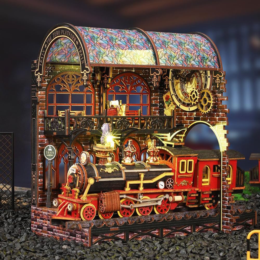 DIY Book Nook Kit, 3D Puzzle Miniature Train Station Bookshelf Insert, Christmas Theme Dollhouse, Adult Craft Project
