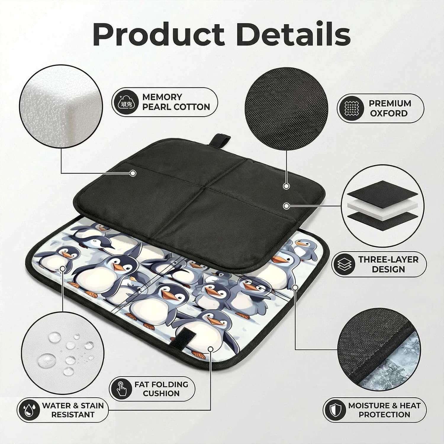 Cute Baby Penguins Sketch Print Foldable Seat Pad Comfy Seat Cushion Portable Travel Seat Cushion for Airplane Easy to Store