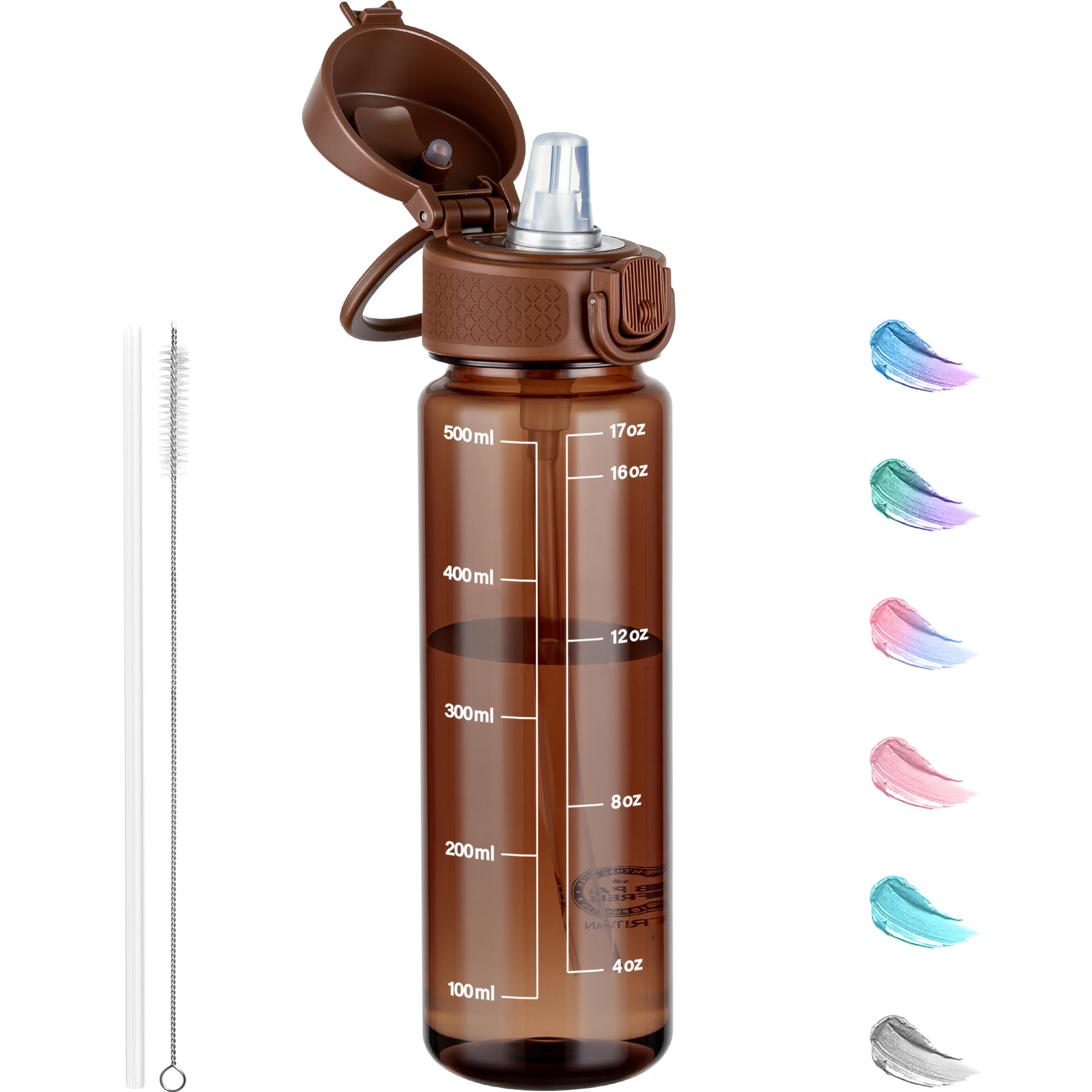 GOPPUS 500ML/17OZ Clear Tritan Water Bottle with Straw Transparent Childrens Drinks Bottle with Carrying Handle See Through Measured Bottles with Flip Top Lid Leakproof Adults Water Bottles BPA Free — image 1