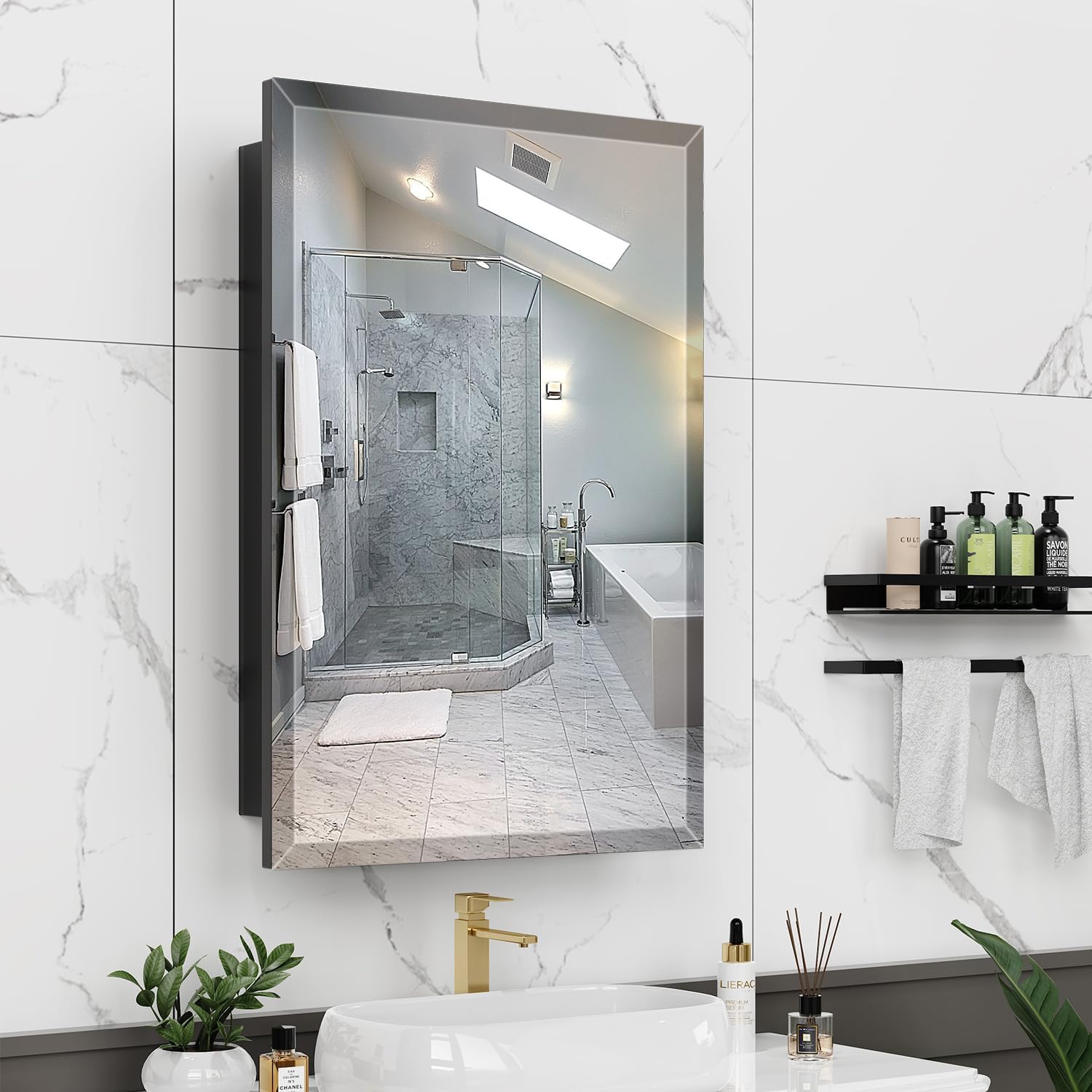 16X24 Inches Medicine Cabinet, Wall Mounted Bathroom Cabinet wirh Beveled Mirror, Recessed or Surface Medicine Cabinet with Storage