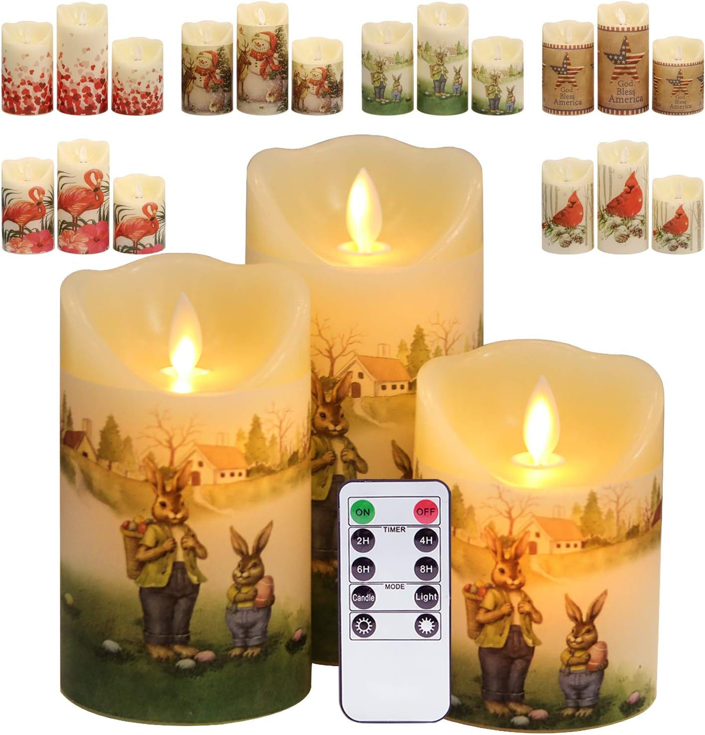 DRomanceEaster Bunny Flameless Flickering Candles Battery Operated with Remote and Timer 7 Style Decals LED Pillar Candles Real Wax Moving Wick Warm Light Christmas Holiday Decor D3 x H4, 5", 6"
