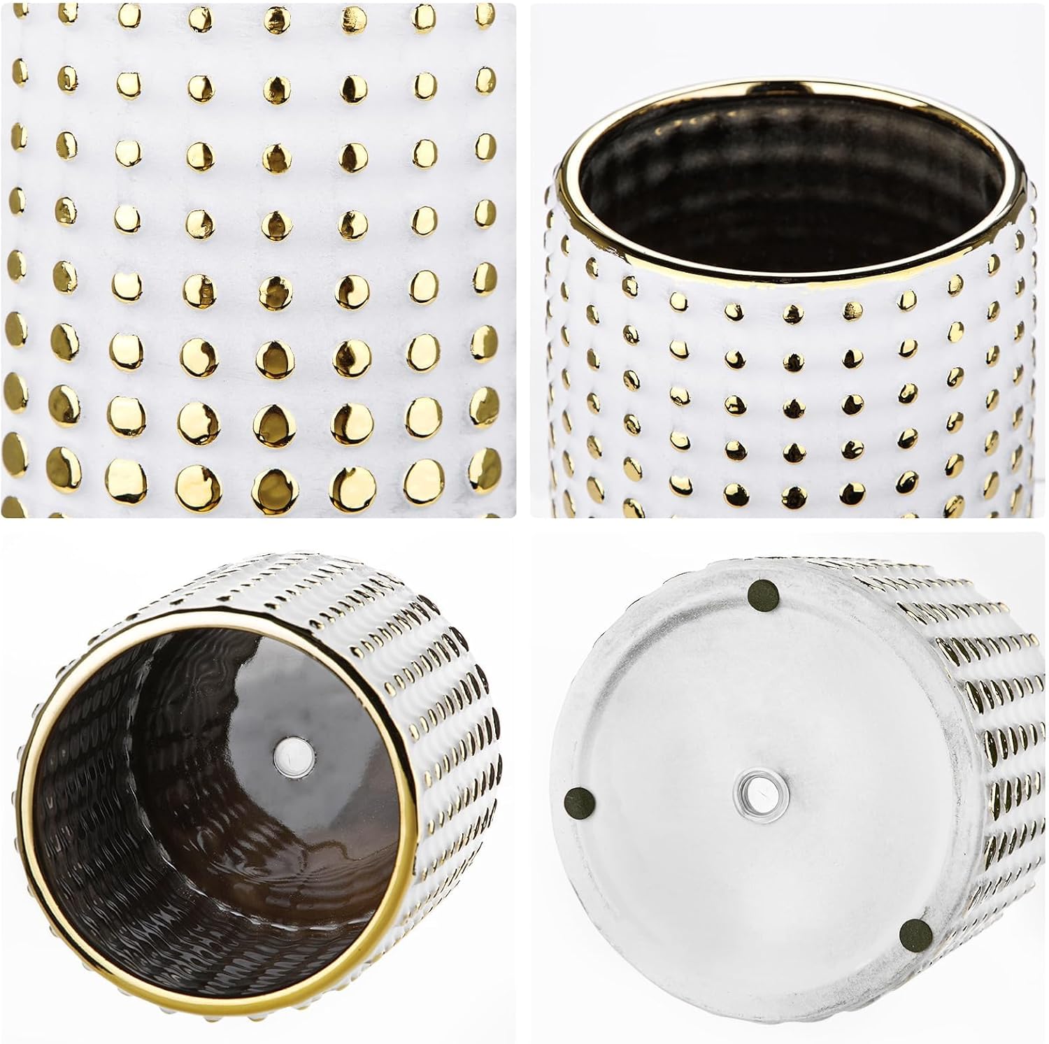 GnFlus Ceramic Plant Pots Indoor, 5.7 Inch Planters for Indoor Plants Gold Polka Dots Flower Pots with Drainage Hole, Cylinder Round Planters, Gold and White